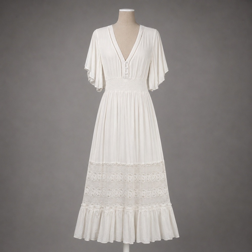 Crochet Lace Babydoll Peasant Maxi Dress Sz S White Cottagecore Fairy Ren Faire
